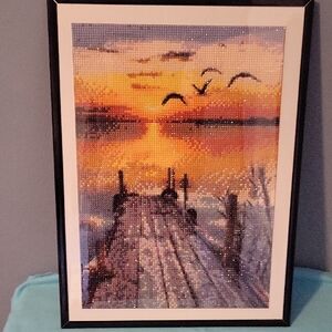🆕️ Homemade Sunset Dock Framed Diamond Art with black frame 12x16